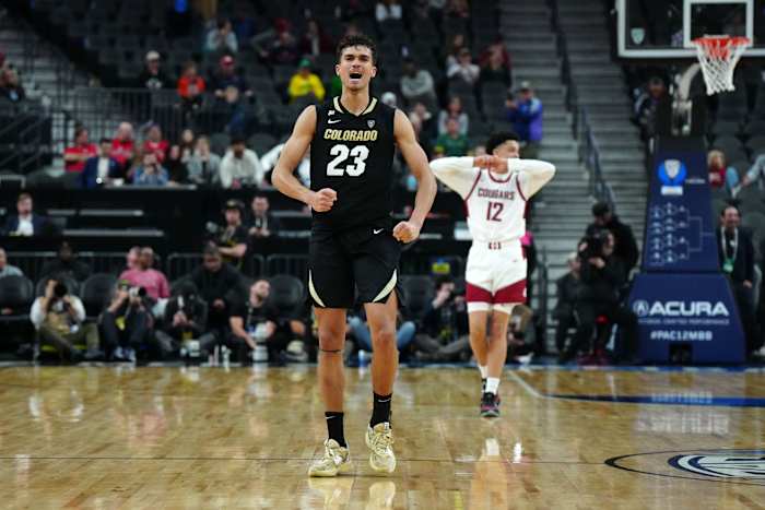 Colorado Buffaloes forward Tristan da Silva (23) celebrates in the second half against the Washington State Cougars at T-Mobile Arena